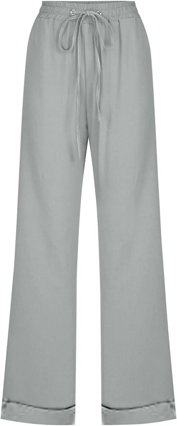 Women Linen Blend Summer Striped Palazzo Pants Elastic Waist Baggy Stretchy Slim-Fit Palazzo Lounge Pants