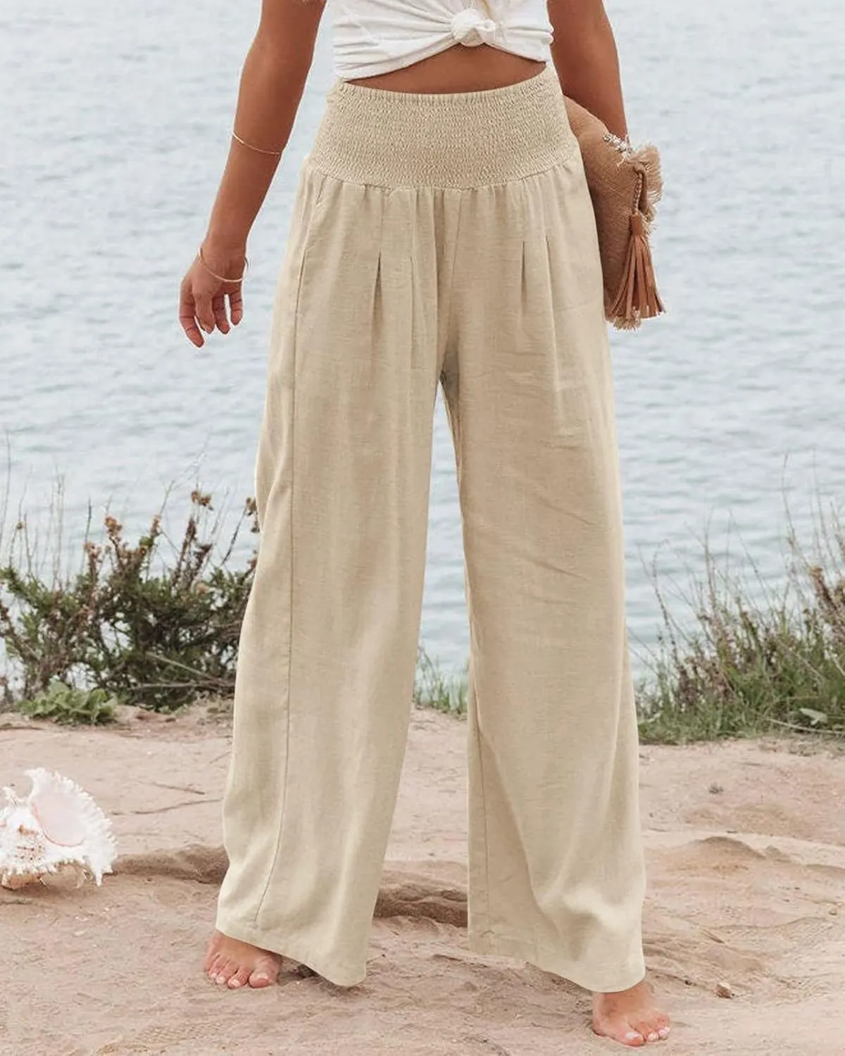 Women Linen Palazzo Pants High Waist Pant Wide Leg Flowy Pants Beach Vacation Clothes Casual Lounge Outfits