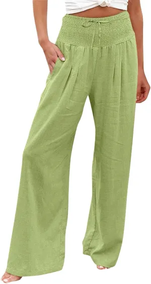 Women Linen Palazzo Pants Summer Boho Wide Leg High Waisted Casual Long Lounge Pants Beach Travel Vacation Trousers