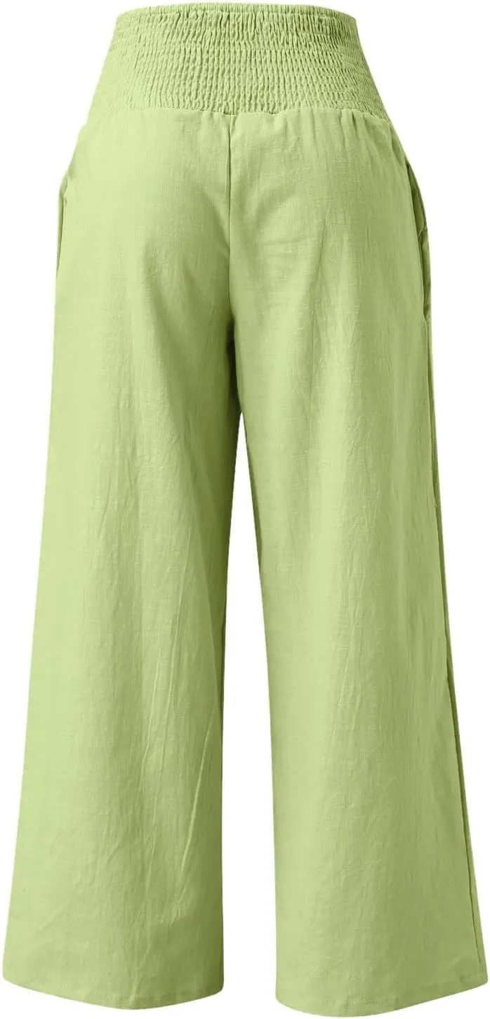 Women Linen Palazzo Pants Summer Boho Wide Leg High Waisted Casual Long Lounge Pants Beach Travel Vacation Trousers