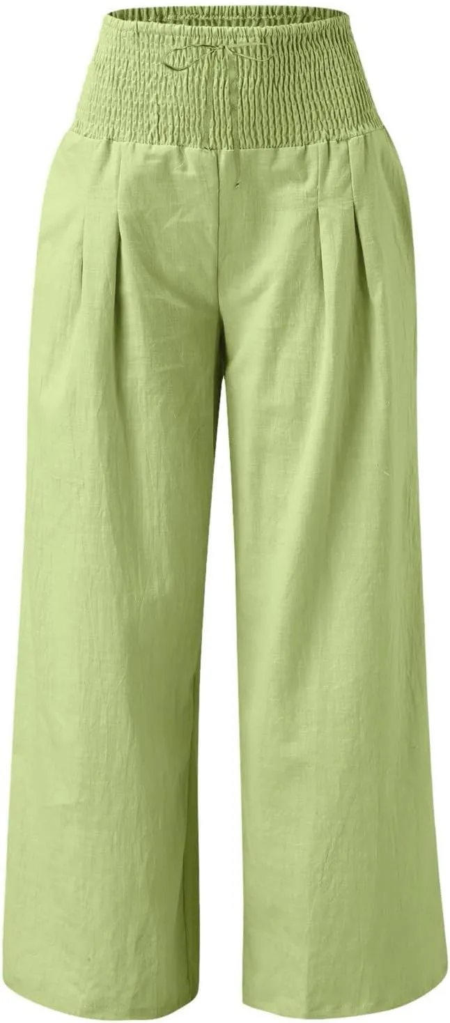 Women Linen Palazzo Pants Summer Boho Wide Leg High Waisted Casual Long Lounge Pants Beach Travel Vacation Trousers