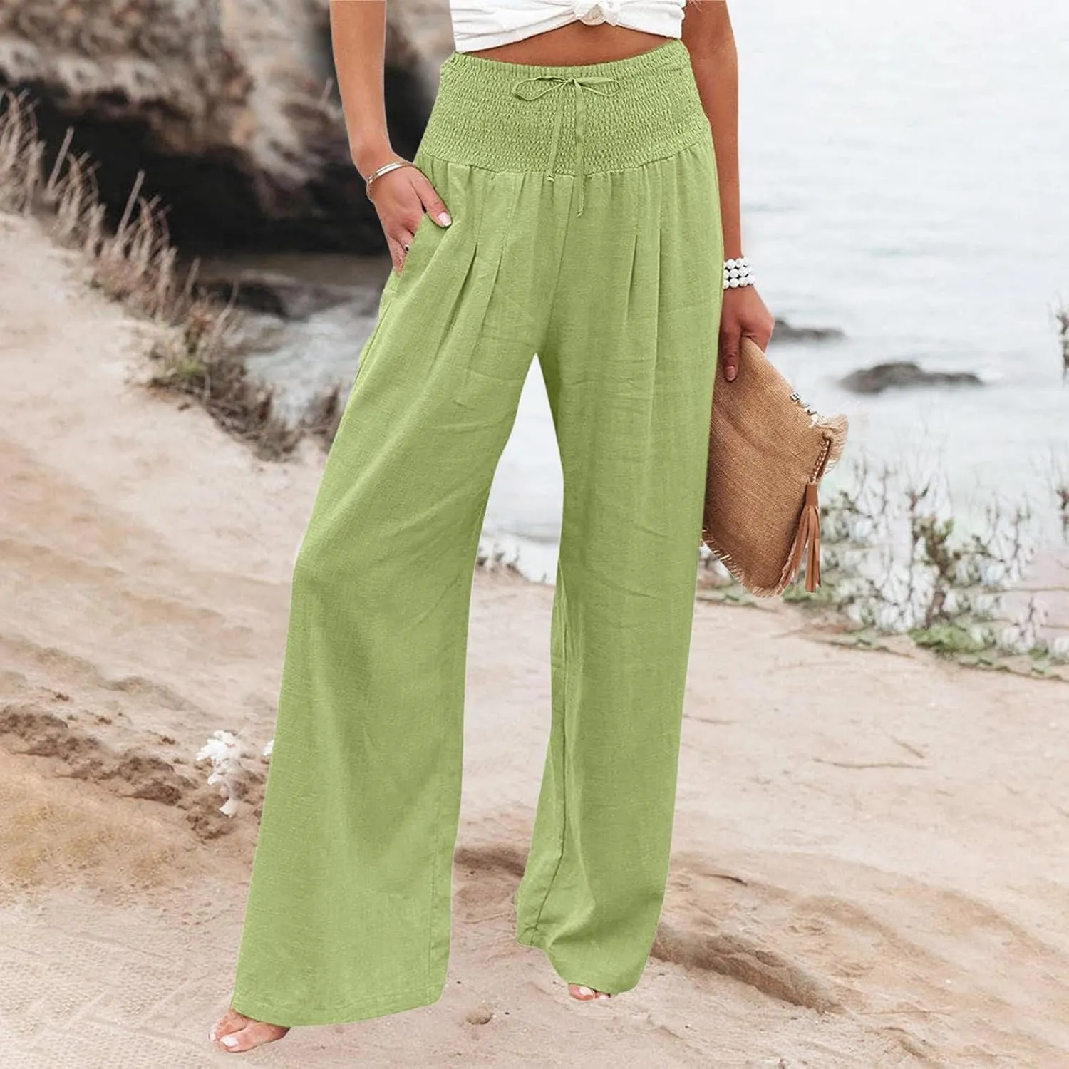 Women Linen Palazzo Pants Summer Boho Wide Leg High Waisted Casual Long Lounge Pants Beach Travel Vacation Trousers
