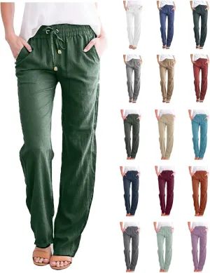 Women Linen Pants Beach Drawstring Joggers Cotton Loose Gauze Pants Summer Causal Lightweight Pants Wide Leg Trousers