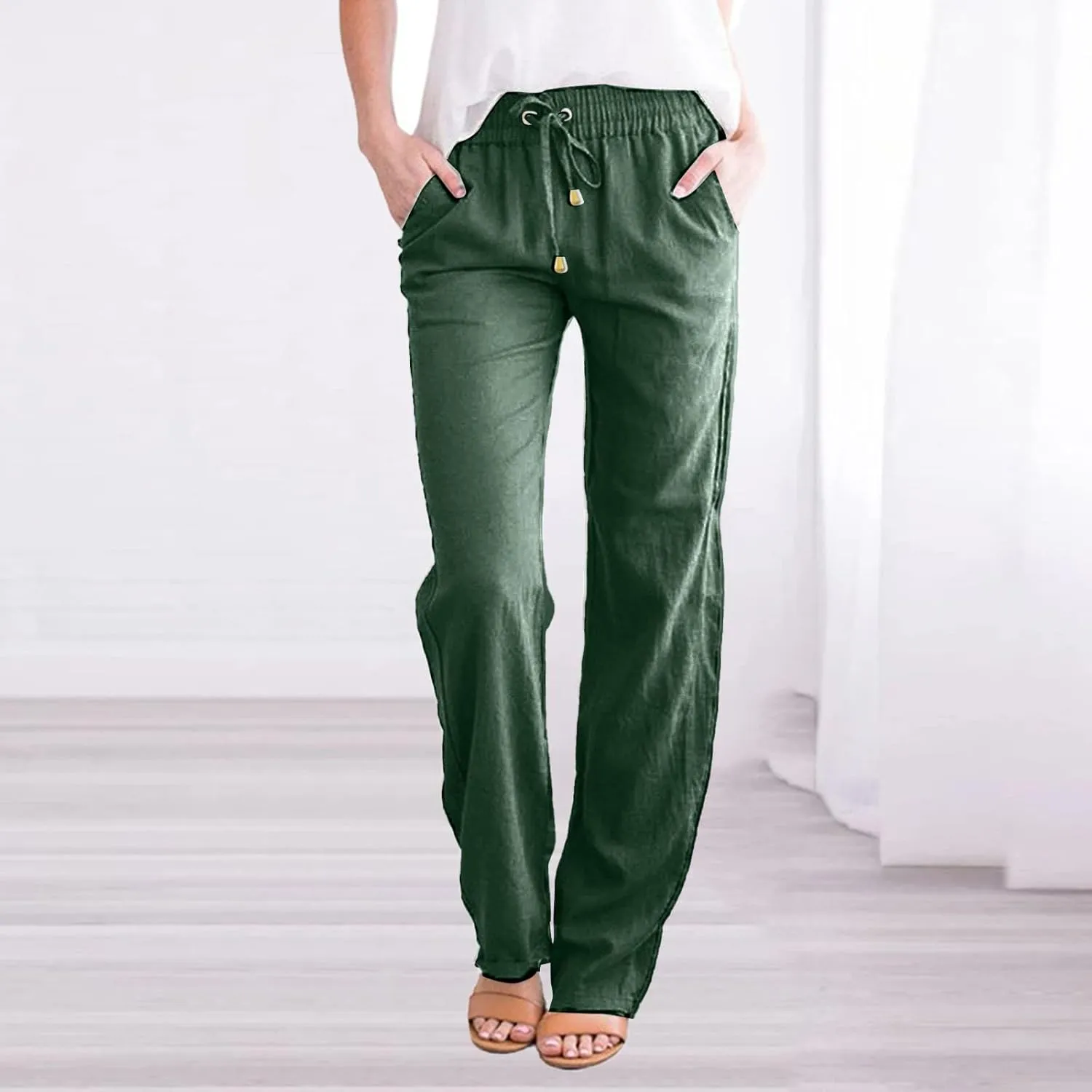 Women Linen Pants Beach Drawstring Joggers Cotton Loose Gauze Pants Summer Causal Lightweight Pants Wide Leg Trousers