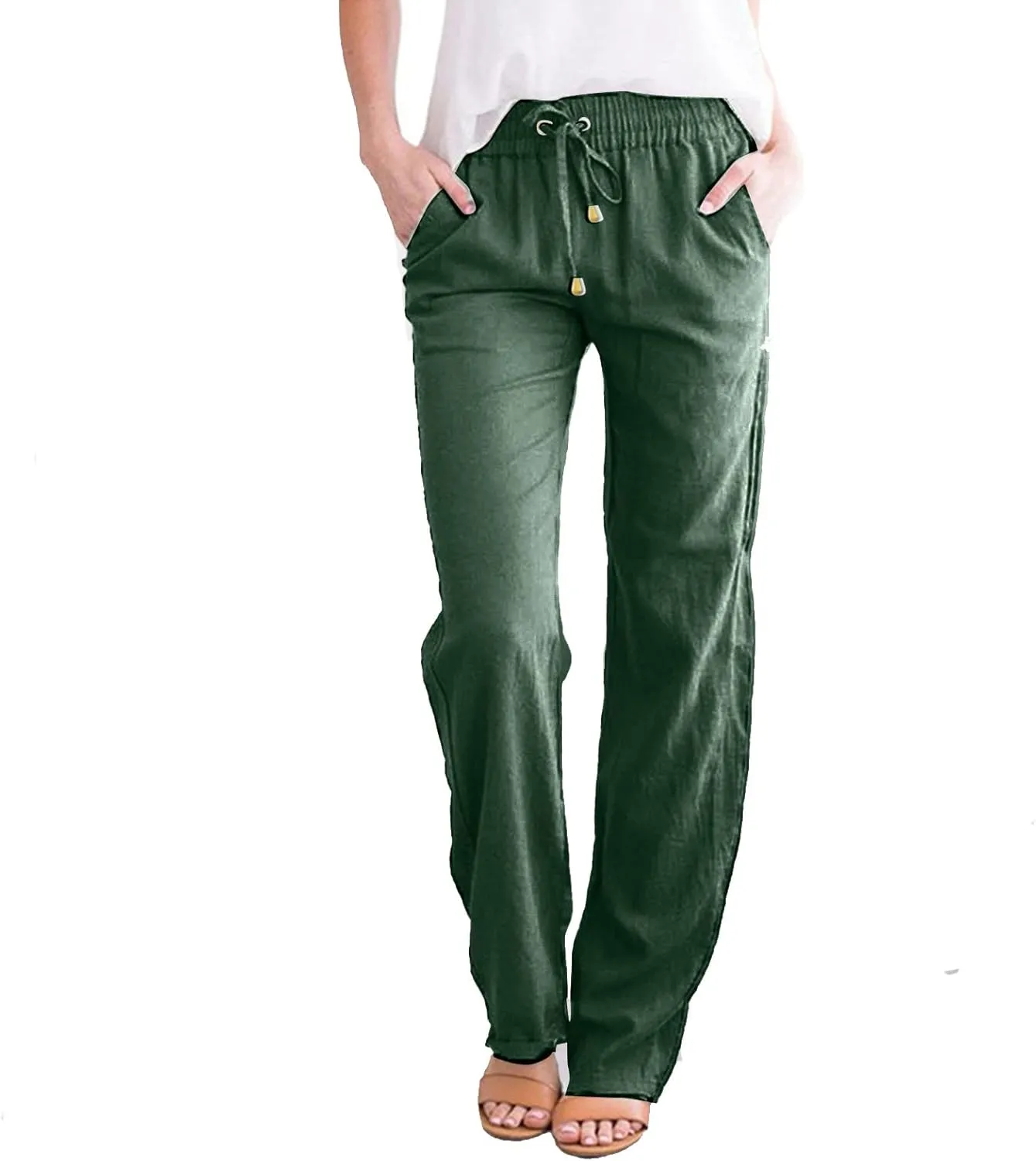 Women Linen Pants Beach Drawstring Joggers Cotton Loose Gauze Pants Summer Causal Lightweight Pants Wide Leg Trousers
