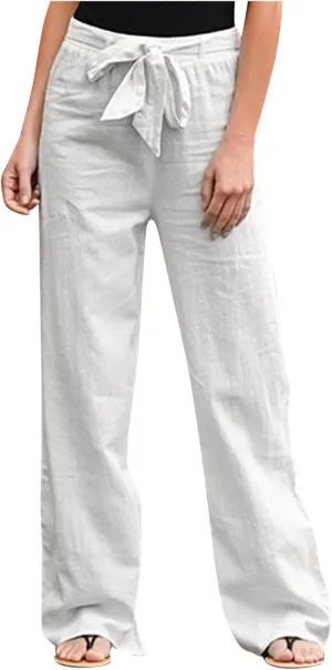Women Linen Summer Baggy Pant Trousers Elastic Waist Ankle Length Slim-Fit Pant Trousers Office
