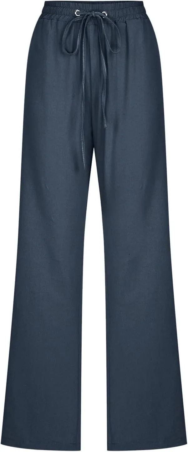 Women Linen Summer Casual Flowy Palazzo Pants Elastic Waist Lounge Pants Loose Fit Pants Beach