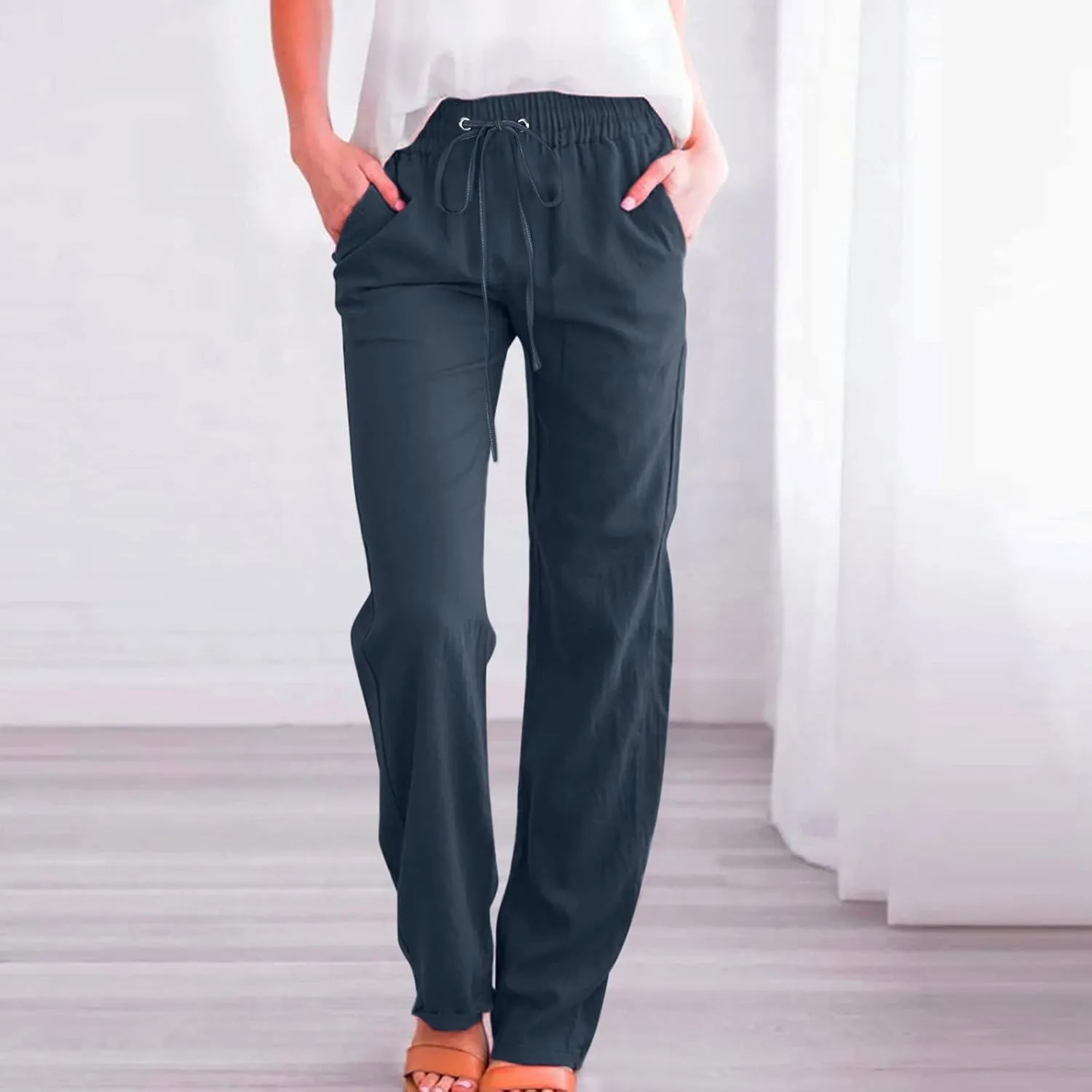 Women Linen Summer Casual Flowy Palazzo Pants Elastic Waist Lounge Pants Loose Fit Pants Beach