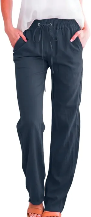 Women Linen Summer Casual Flowy Palazzo Pants Elastic Waist Lounge Pants Loose Fit Pants Beach