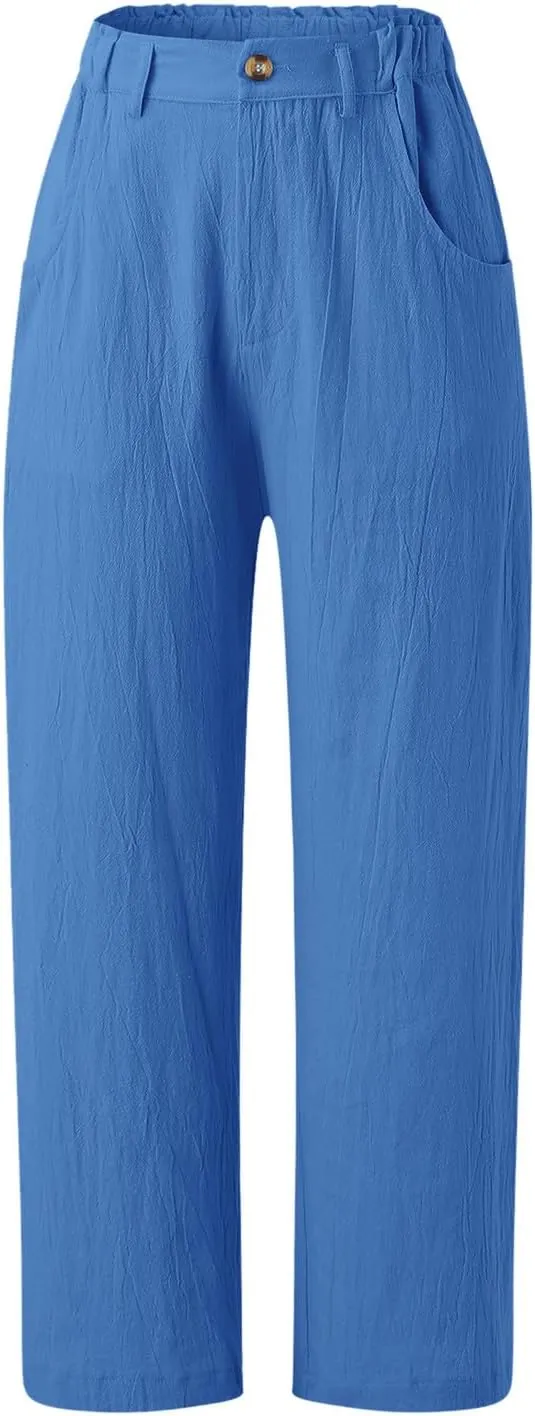 Women Linen Summer Drawstring Palazzo Lounge Pants High Waist Stretchy Slim Fit Trousers Work Business