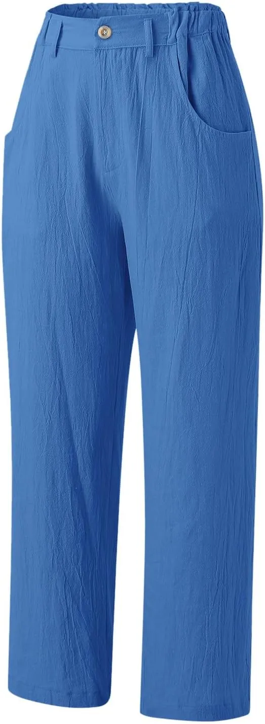 Women Linen Summer Drawstring Palazzo Lounge Pants High Waist Stretchy Slim Fit Trousers Work Business