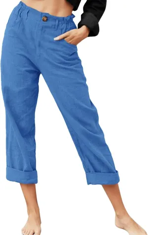Women Linen Summer Drawstring Palazzo Lounge Pants High Waist Stretchy Slim Fit Trousers Work Business