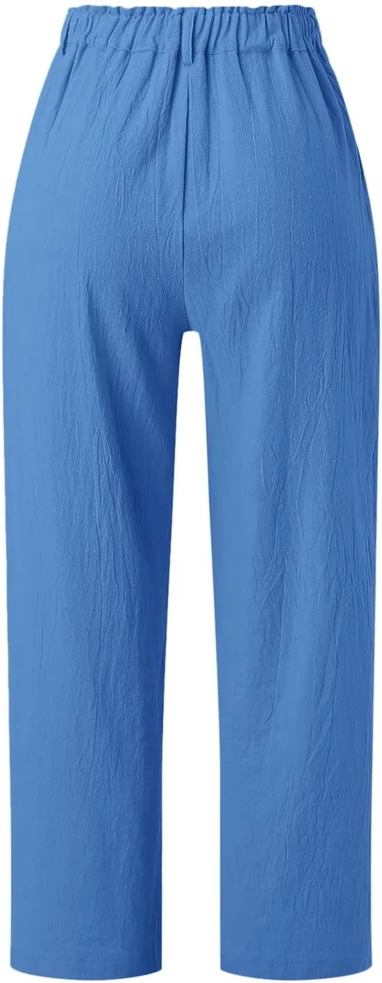 Women Linen Summer Drawstring Palazzo Lounge Pants High Waist Stretchy Slim Fit Trousers Work Business