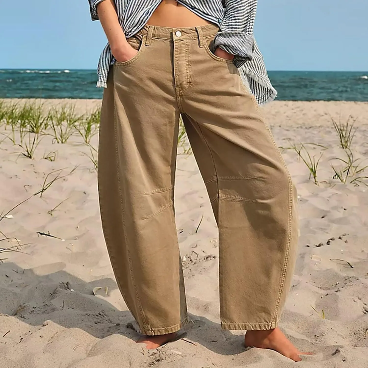 Women Linen Summer Letter Patched Palazzo Lounge Pants High Waist Stretchy Slim Fit Trousers Beach