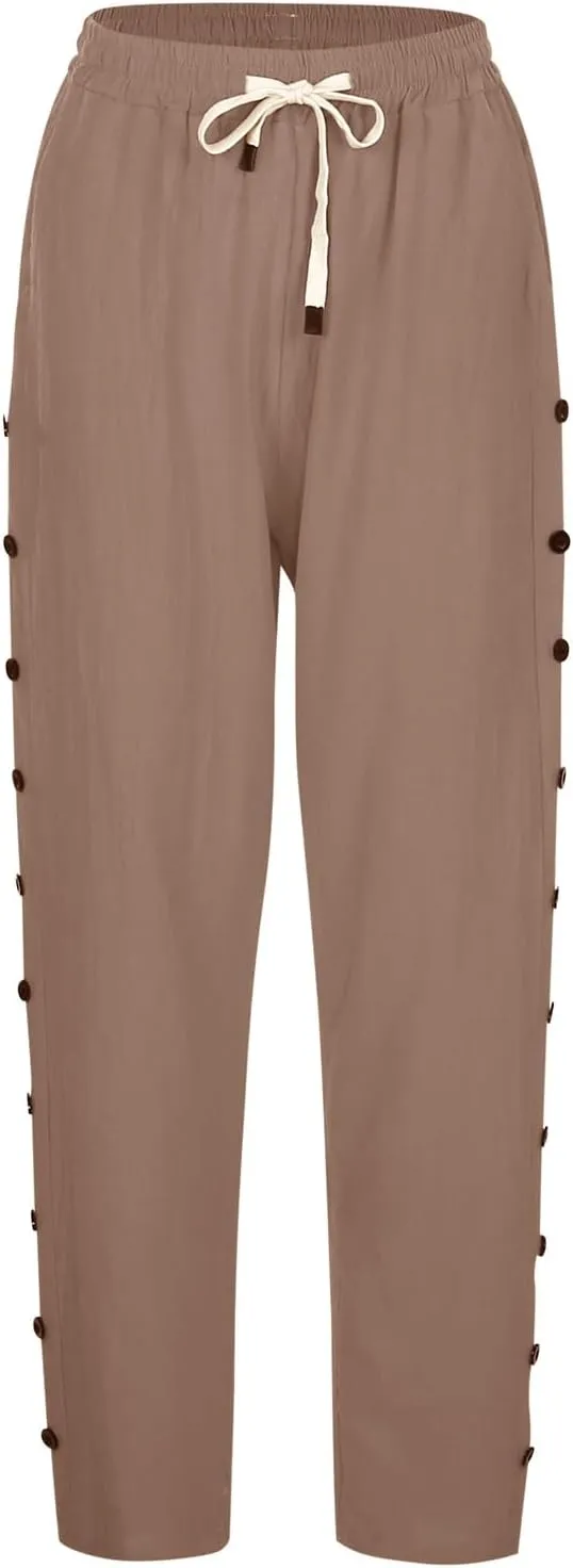 Women Linen Summer Loose Flowy Pant Trousers Low Waist Wide Leg Slim-Fit Palazzo Lounge Pants Work Business