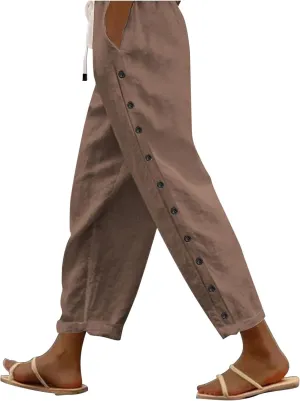 Women Linen Summer Loose Flowy Pant Trousers Low Waist Wide Leg Slim-Fit Palazzo Lounge Pants Work Business