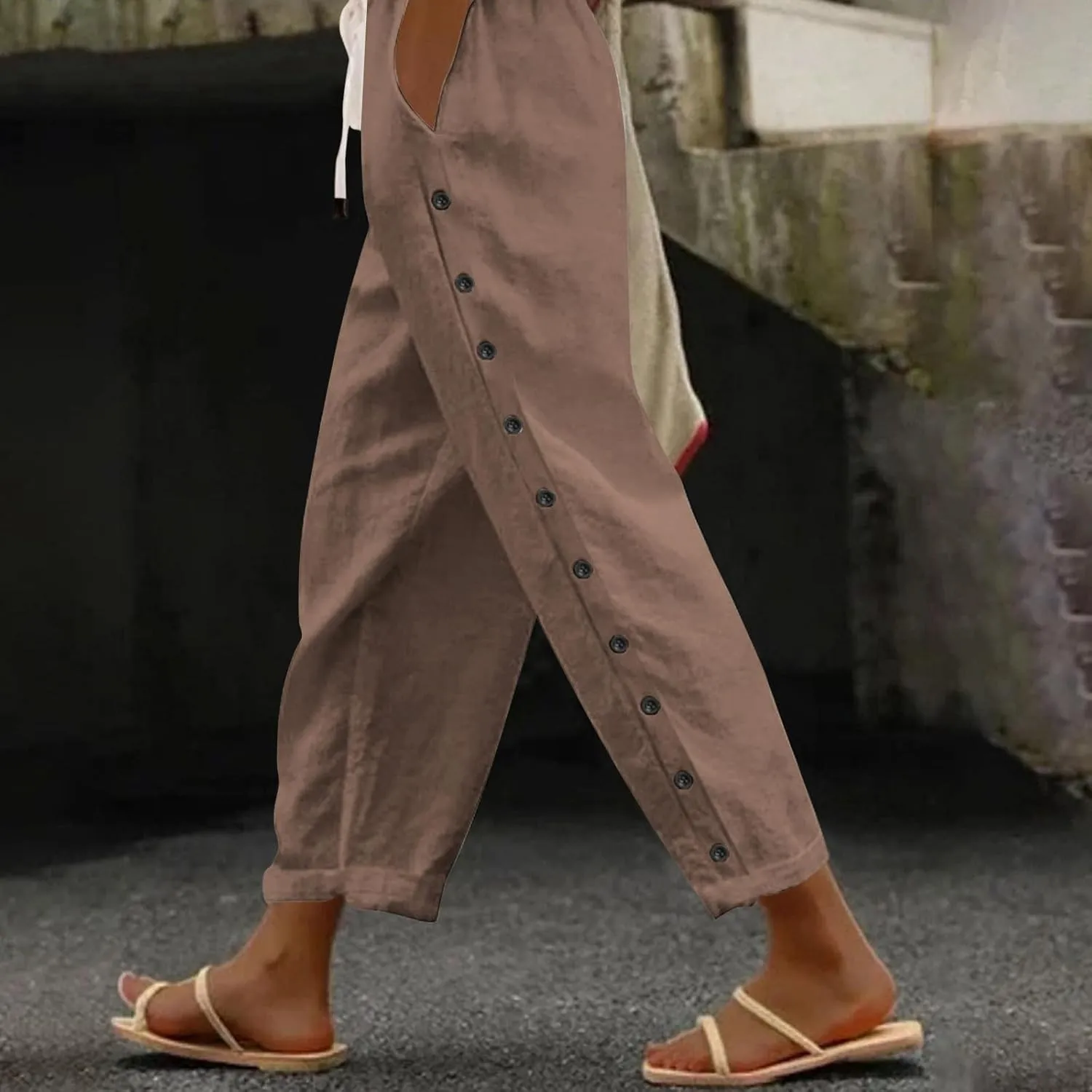 Women Linen Summer Loose Flowy Pant Trousers Low Waist Wide Leg Slim-Fit Palazzo Lounge Pants Work Business