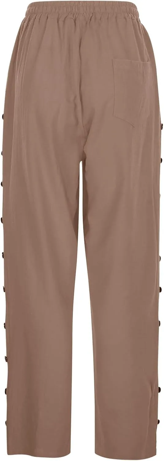 Women Linen Summer Loose Flowy Pant Trousers Low Waist Wide Leg Slim-Fit Palazzo Lounge Pants Work Business