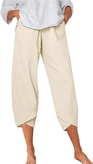 Women Linen Summer Y2K Fashion Palazzo Lounge Pants Elastic Waist Stretchy Loose Fit Trouser Business Work