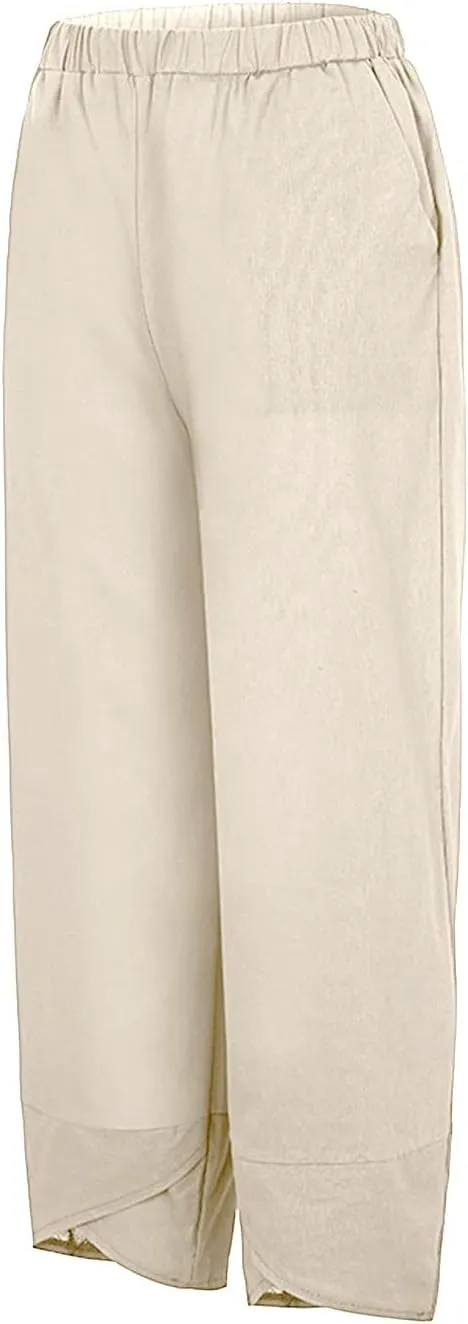Women Linen Summer Y2K Fashion Palazzo Lounge Pants Elastic Waist Stretchy Loose Fit Trouser Business Work