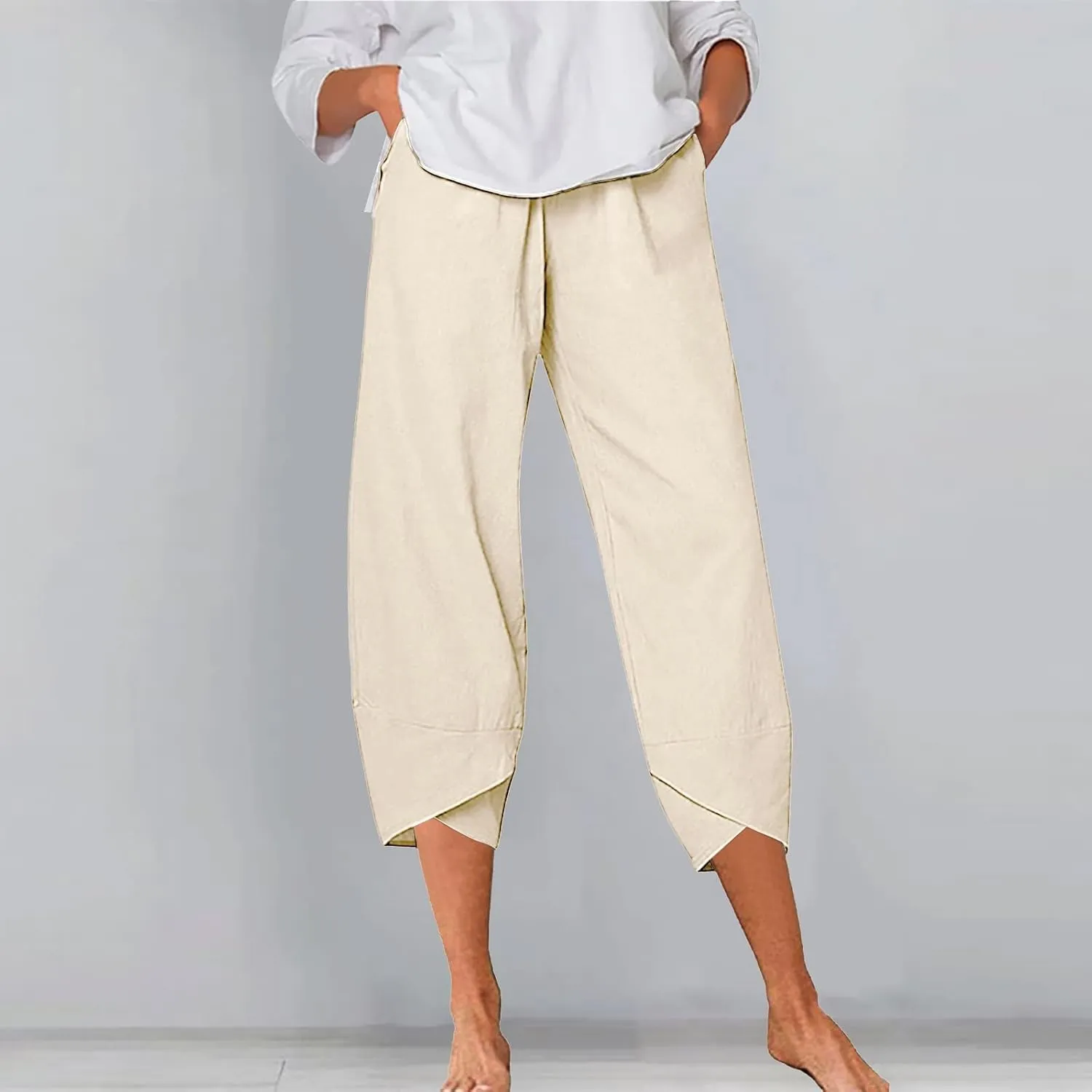 Women Linen Summer Y2K Fashion Palazzo Lounge Pants Elastic Waist Stretchy Loose Fit Trouser Business Work