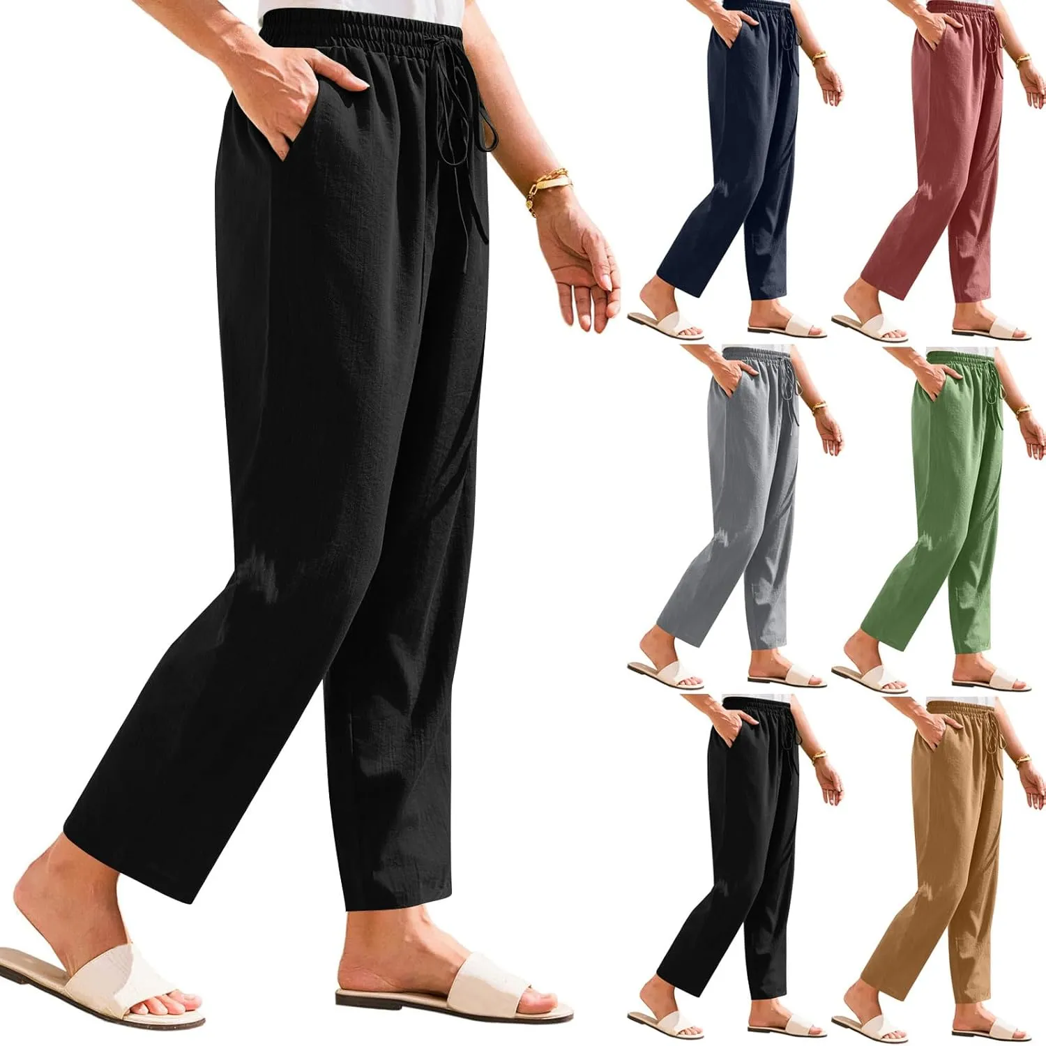 Women Straight Leg Pants Elastic Drawstring Trousers with Pockets 2025 Summer Casual Cotton Linen Beach Lounge Clothes