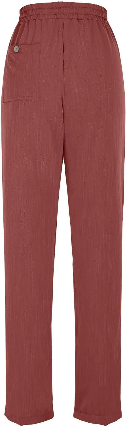 Women Straight Leg Pants Elastic Drawstring Trousers with Pockets 2025 Summer Casual Cotton Linen Beach Lounge Clothes
