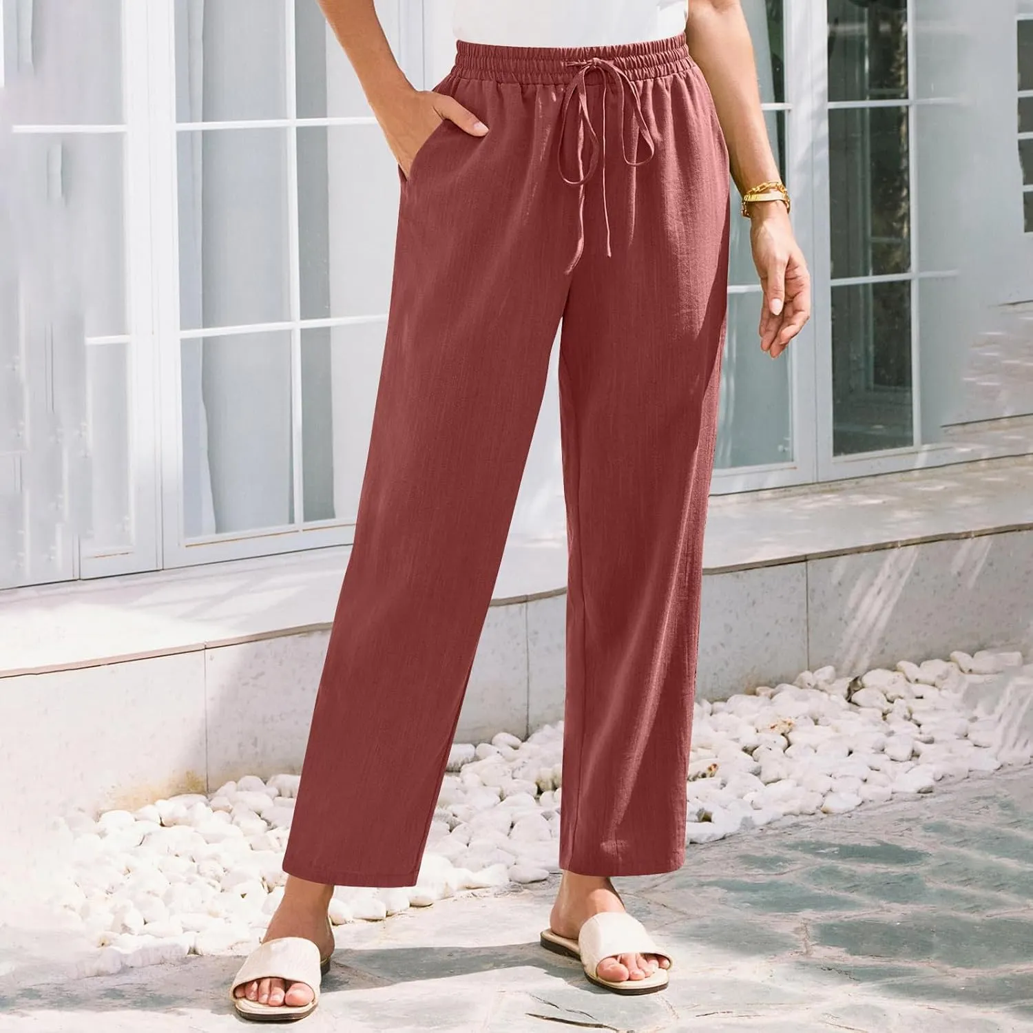 Women Straight Leg Pants Elastic Drawstring Trousers with Pockets 2025 Summer Casual Cotton Linen Beach Lounge Clothes