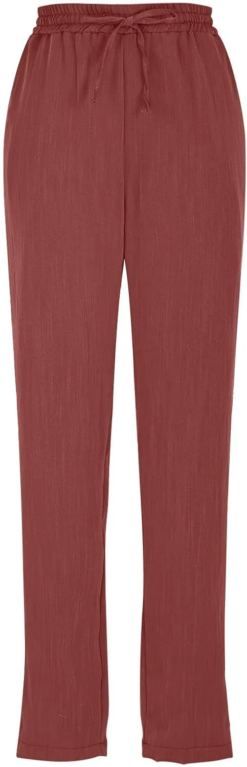 Women Straight Leg Pants Elastic Drawstring Trousers with Pockets 2025 Summer Casual Cotton Linen Beach Lounge Clothes
