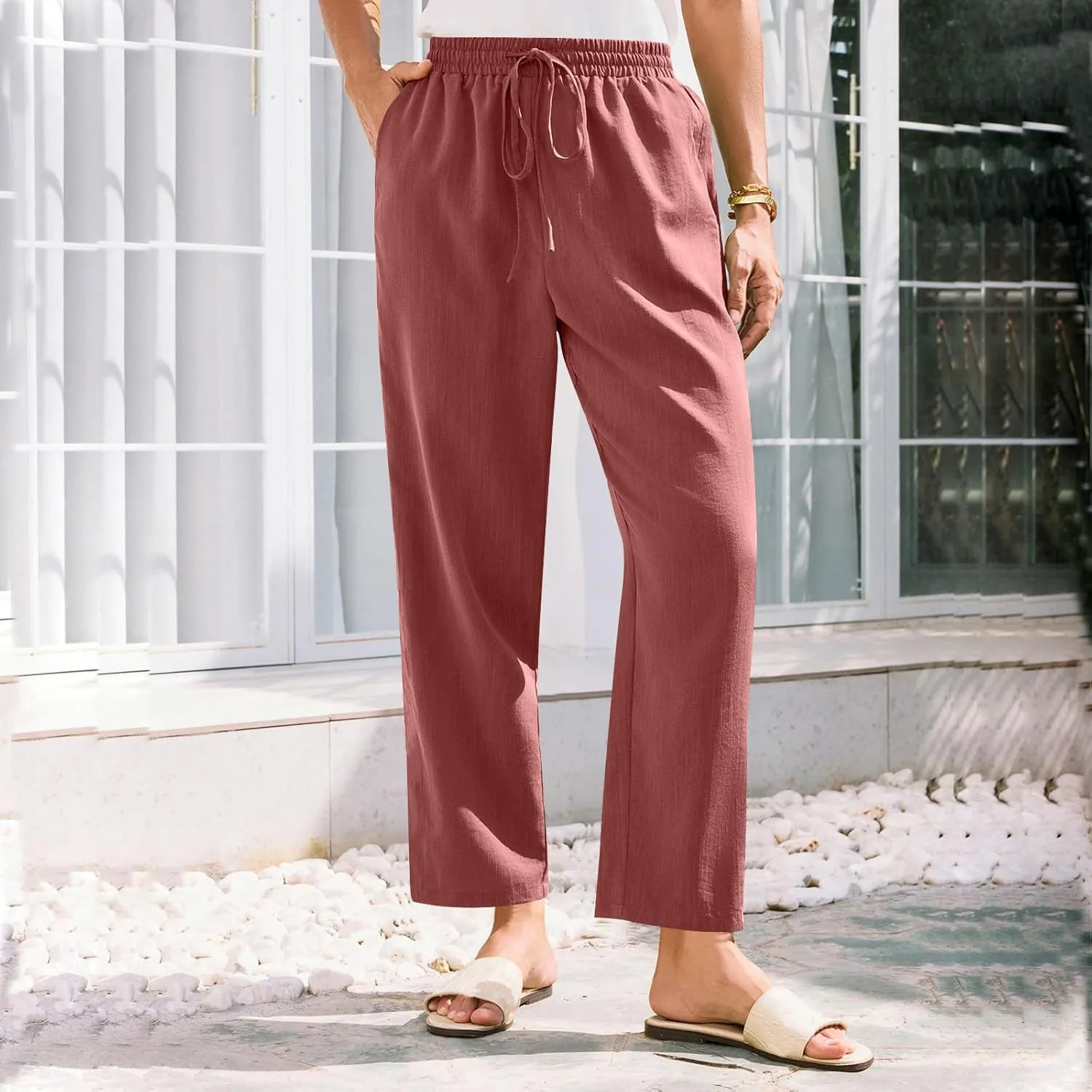 Women Straight Leg Pants Elastic Drawstring Trousers with Pockets 2025 Summer Casual Cotton Linen Beach Lounge Clothes