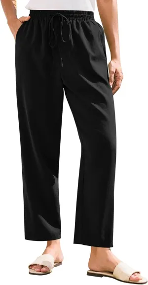 Women Straight Leg Pants Elastic Drawstring Trousers with Pockets 2025 Summer Casual Cotton Linen Beach Lounge Clothes