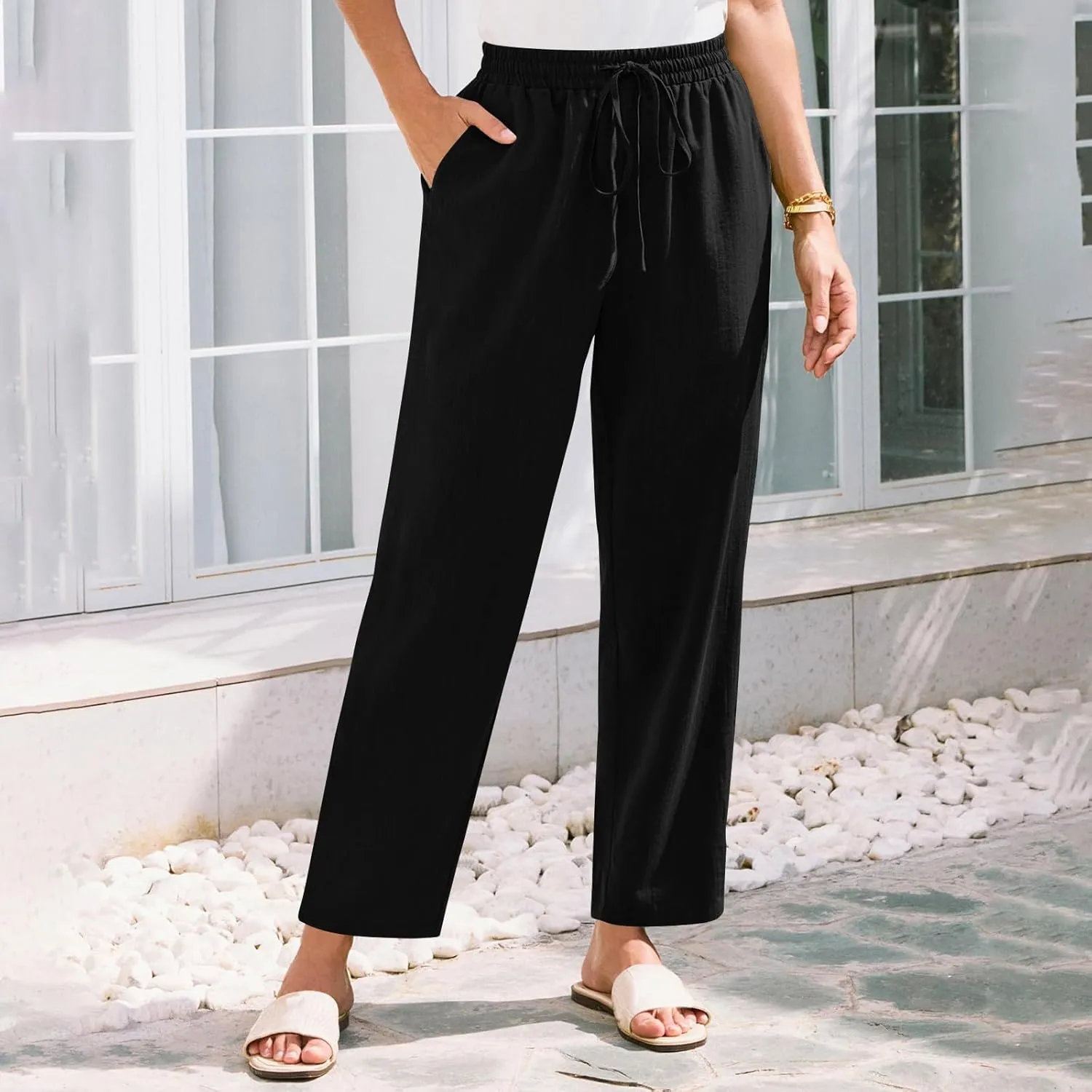 Women Straight Leg Pants Elastic Drawstring Trousers with Pockets 2025 Summer Casual Cotton Linen Beach Lounge Clothes