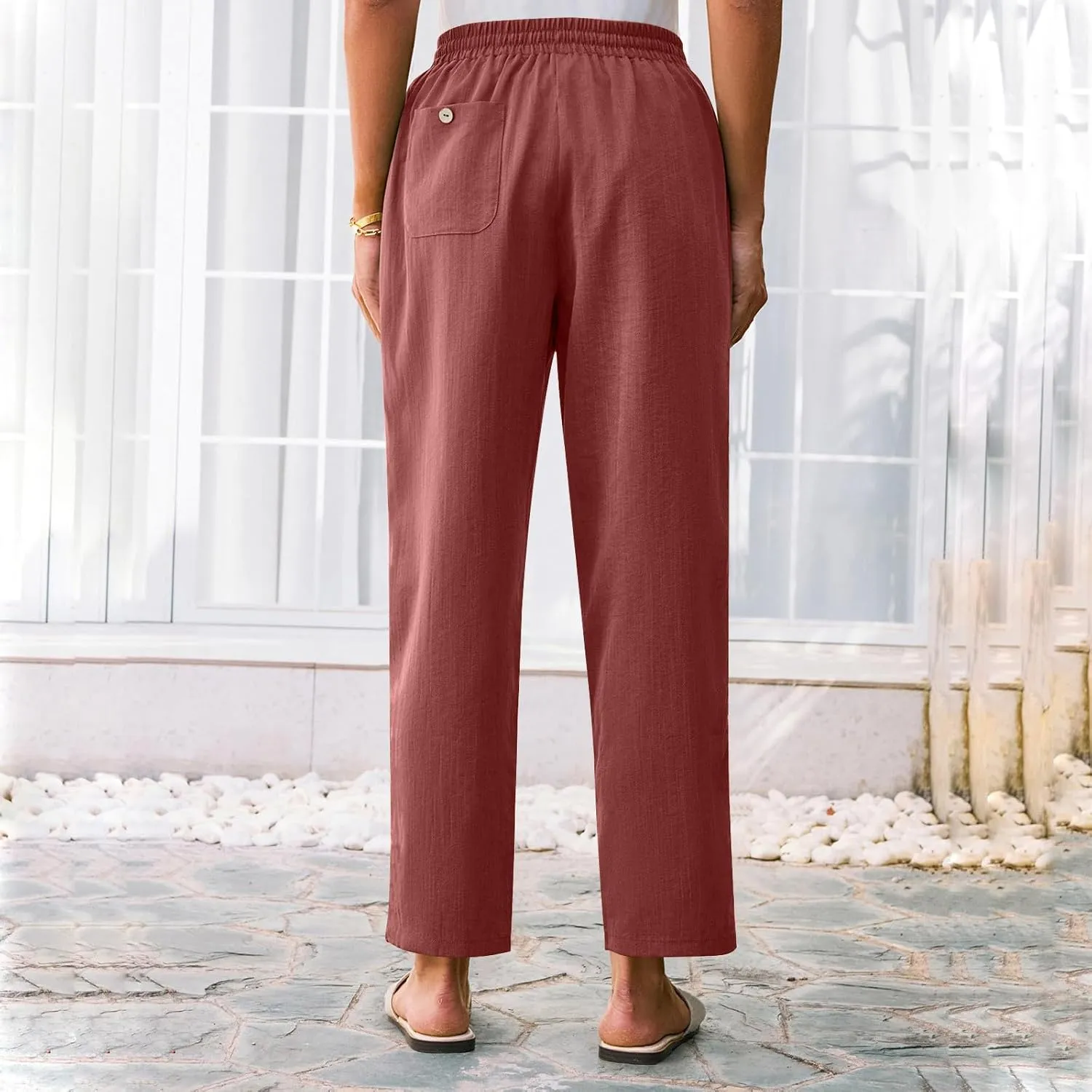 Women Straight Leg Pants Elastic Drawstring Trousers with Pockets 2025 Summer Casual Cotton Linen Beach Lounge Clothes