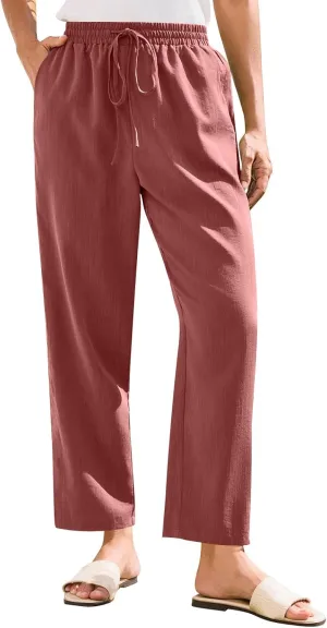 Women Straight Leg Pants Elastic Drawstring Trousers with Pockets 2025 Summer Casual Cotton Linen Beach Lounge Clothes