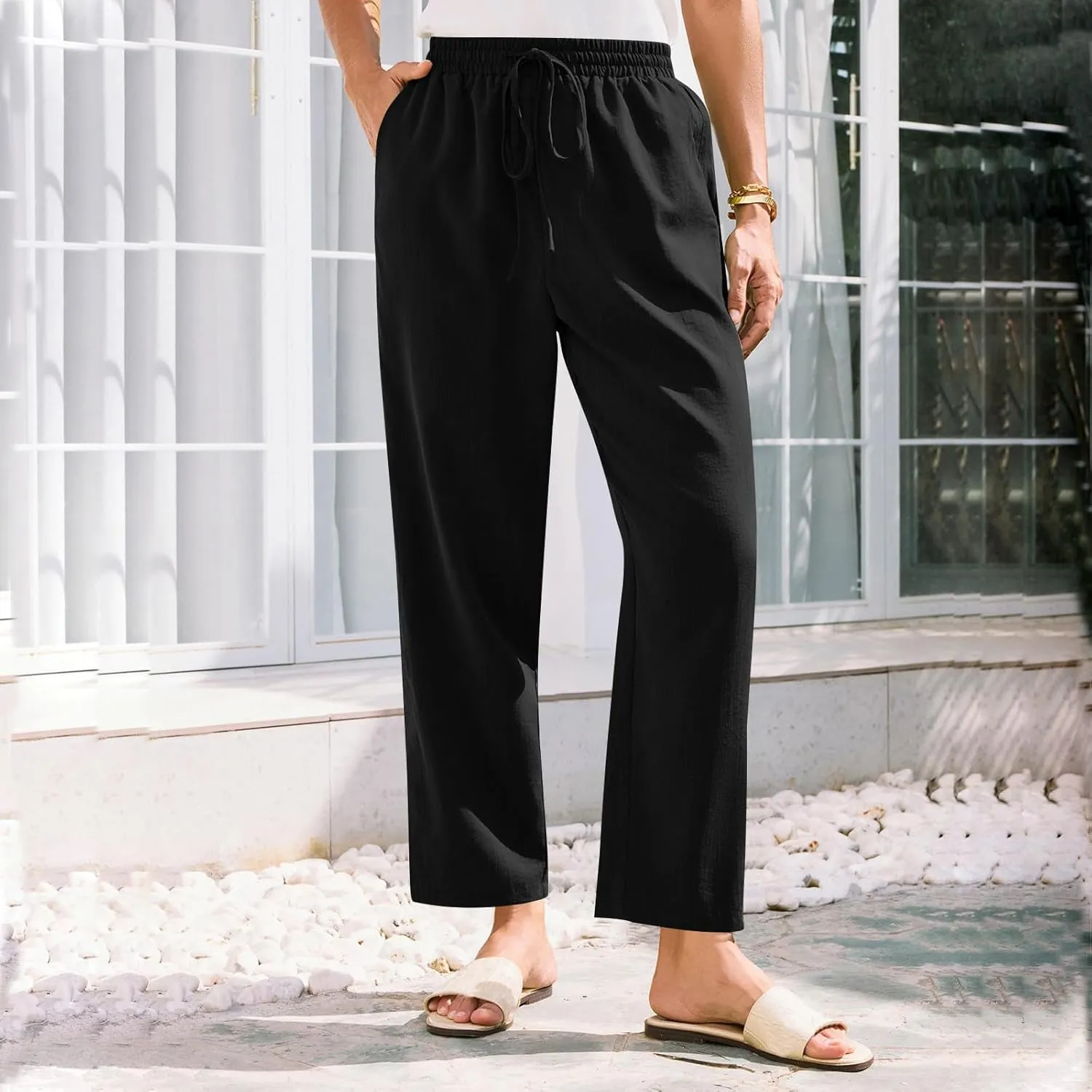 Women Straight Leg Pants Elastic Drawstring Trousers with Pockets 2025 Summer Casual Cotton Linen Beach Lounge Clothes