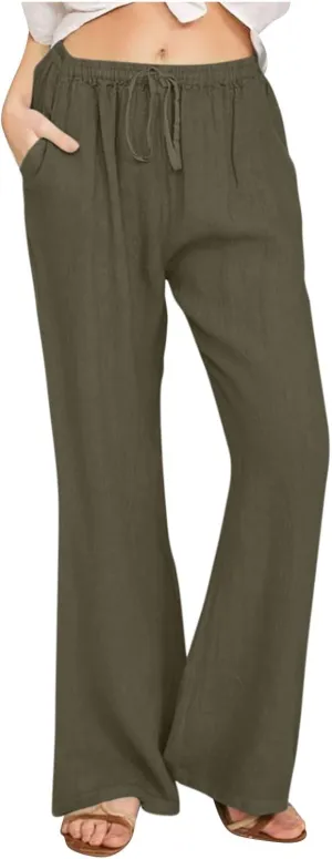Women Summer High Waist Baggy Pants Loose Fit Cotton Linen Home Pants Casual Solid Elastic Waist Bell Bottom Trouser