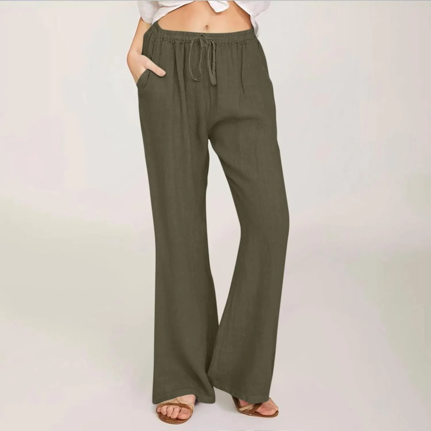 Women Summer High Waist Baggy Pants Loose Fit Cotton Linen Home Pants Casual Solid Elastic Waist Bell Bottom Trouser