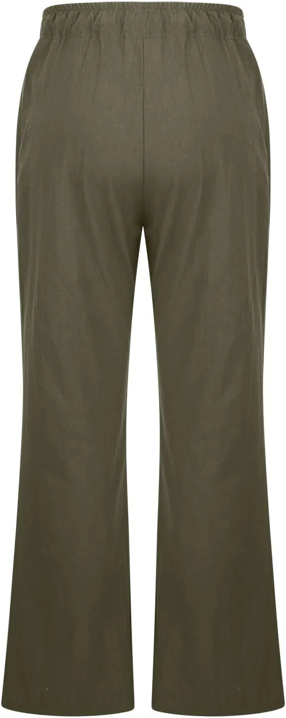 Women Summer High Waist Baggy Pants Loose Fit Cotton Linen Home Pants Casual Solid Elastic Waist Bell Bottom Trouser
