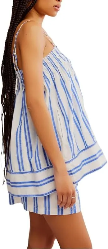 Women Y2k 2 Piece Outfits Set Sleeveless Peplum Cami Top and Wide Leg Shorts Loungewear Striped Summer Shorts Set