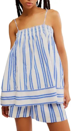 Women Y2k 2 Piece Outfits Set Sleeveless Peplum Cami Top and Wide Leg Shorts Loungewear Striped Summer Shorts Set