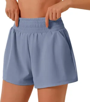 Women's Athletic Shorts High Waisted Pure Color Running Short Pants Summer Loose Gym Elastic Workout Shorts with Liner