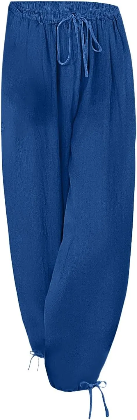 Women's Baggy Linen Pants Drawstring Elasic Waist Casual Joggers Loose Summer Lightweight Beach Pants Lounge Trousers