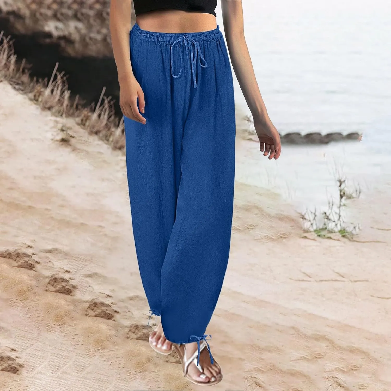 Women's Baggy Linen Pants Drawstring Elasic Waist Casual Joggers Loose Summer Lightweight Beach Pants Lounge Trousers