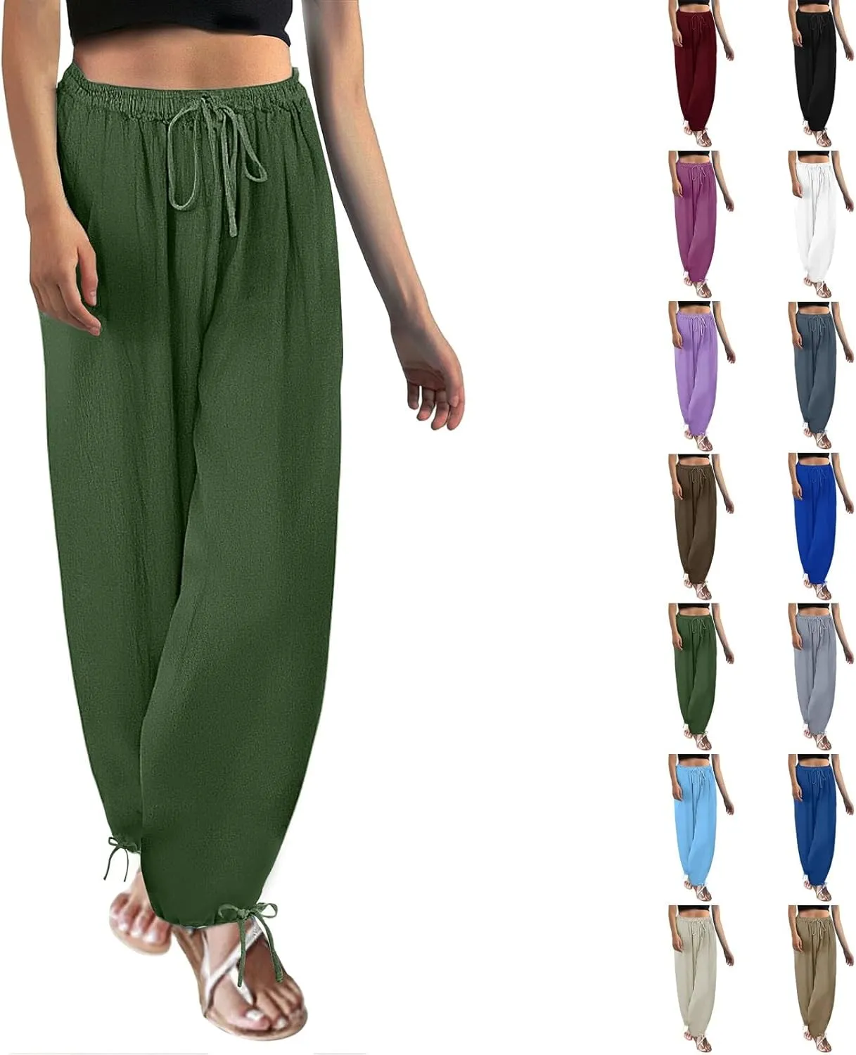 Women's Baggy Linen Pants Drawstring Elasic Waist Casual Joggers Loose Summer Lightweight Beach Pants Lounge Trousers