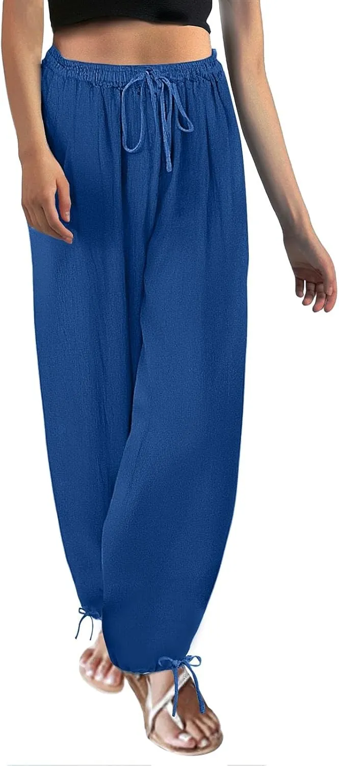 Women's Baggy Linen Pants Drawstring Elasic Waist Casual Joggers Loose Summer Lightweight Beach Pants Lounge Trousers
