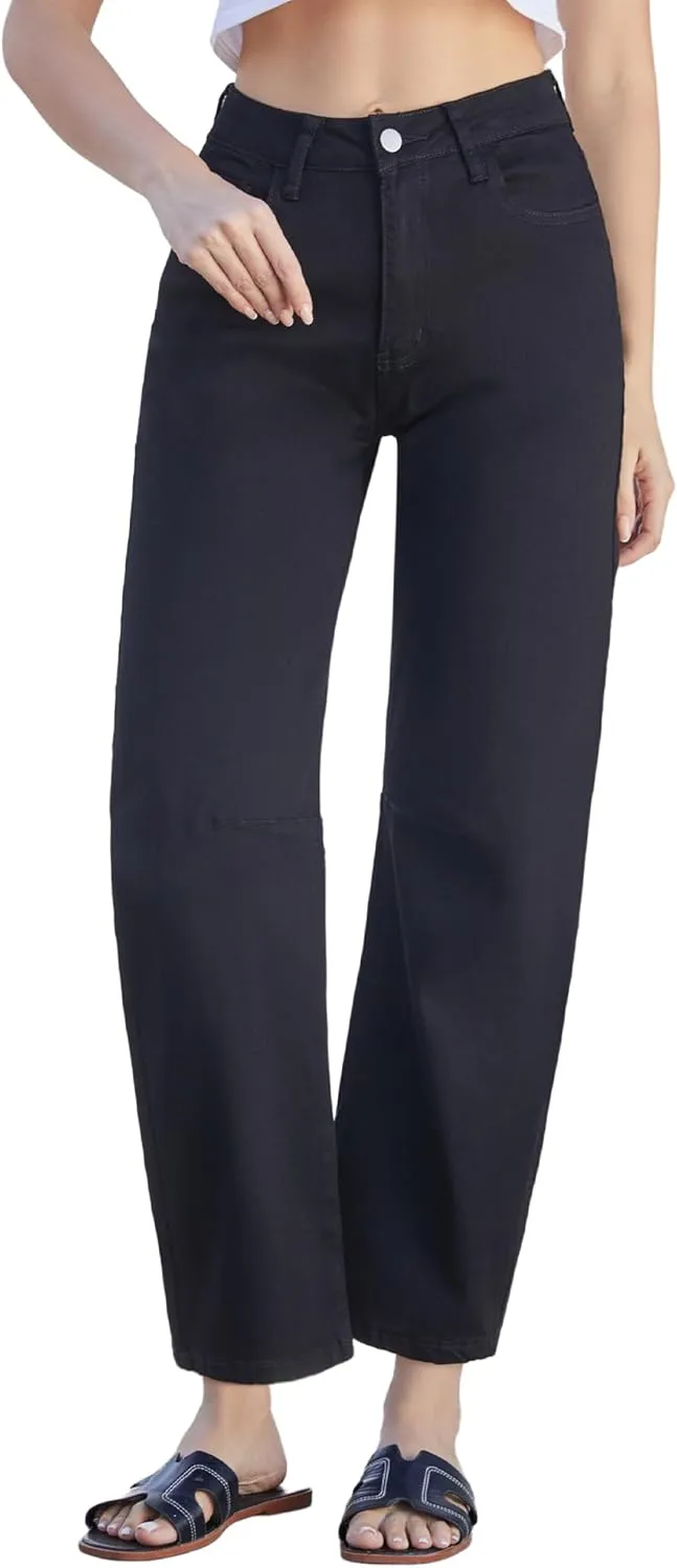 Womens Barrel Jeans High Waisted Ankle Horseshoe Stretchy Ankle Denim Pants