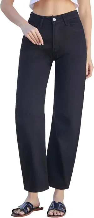 Womens Barrel Jeans High Waisted Ankle Horseshoe Stretchy Ankle Denim Pants
