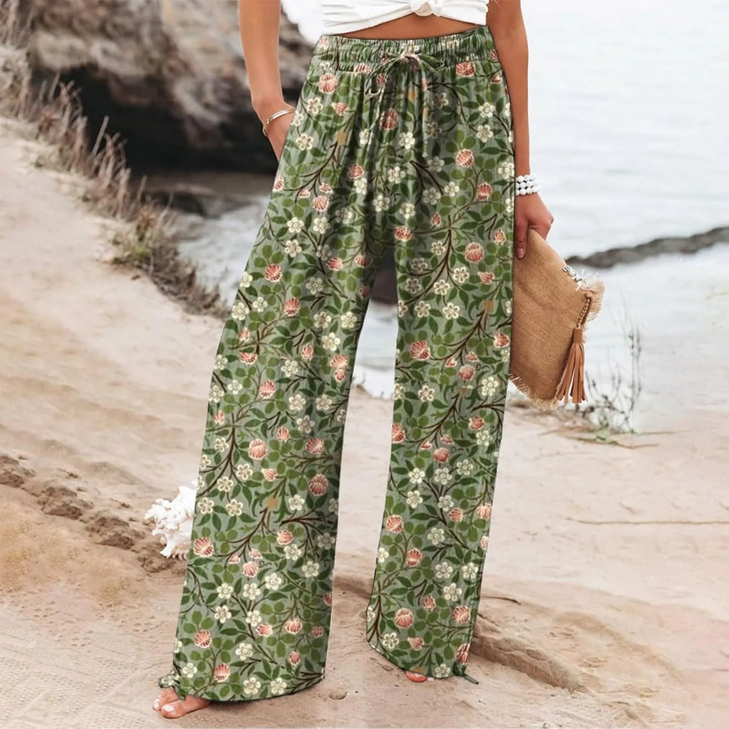 Women's Boho Wide Leg Palazzo Pants Womens Cotton Casual Loose Pants Comfy Work Pants with Long Casual Wide Leg