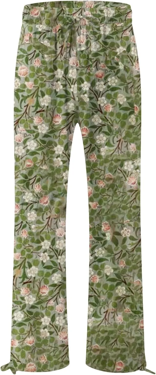 Women's Boho Wide Leg Palazzo Pants Womens Cotton Casual Loose Pants Comfy Work Pants with Long Casual Wide Leg