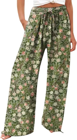 Women's Boho Wide Leg Palazzo Pants Womens Cotton Casual Loose Pants Comfy Work Pants with Long Casual Wide Leg